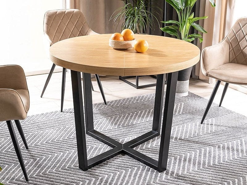 Signal Set masa extensibila din furnir si metal, Patricio Stejar Natural / Negru + 6 Scaune tapitate cu stofa si picioare metalice, Lilibet Velvet Bej / Negru, L100-250xl100xH76 cm