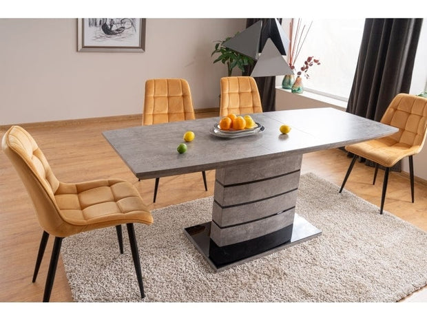 Signal Set masa extensibila din MDF si sticla, Leonid Gri / Negru + 4 Scaune tapitate cu stofa si picioare metalice, Chase Velvet Mustariu / Negru, L140-180xl80xH76 cm