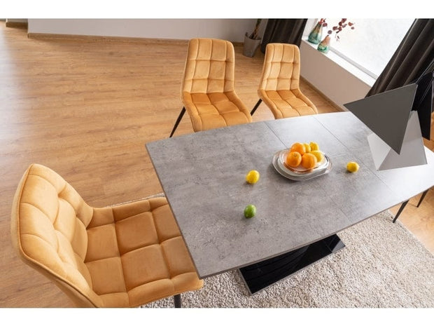 Signal Set masa extensibila din MDF si sticla, Leonid Gri / Negru + 4 Scaune tapitate cu stofa si picioare metalice, Chase Velvet Mustariu / Negru, L140-180xl80xH76 cm