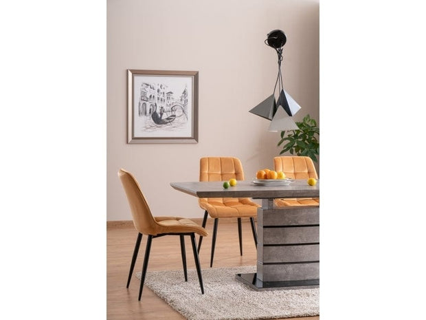 Signal Set masa extensibila din MDF si sticla, Leonid Gri / Negru + 4 Scaune tapitate cu stofa si picioare metalice, Chase Velvet Mustariu / Negru, L140-180xl80xH76 cm