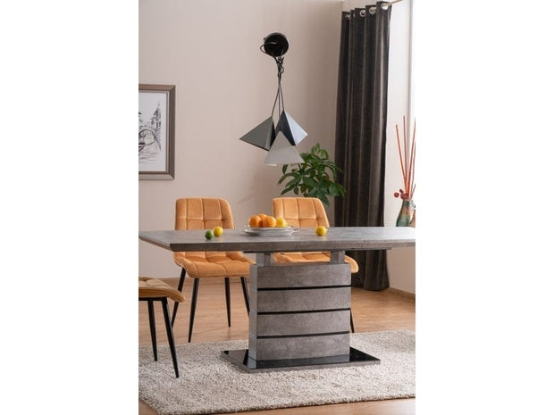 Signal Set masa extensibila din MDF si sticla, Leonid Gri / Negru + 4 Scaune tapitate cu stofa si picioare metalice, Chase Velvet Mustariu / Negru, L140-180xl80xH76 cm