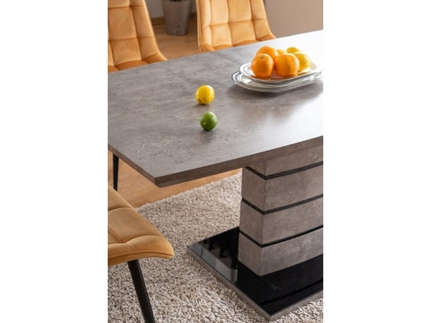 Signal Set masa extensibila din MDF si sticla, Leonid Gri / Negru + 4 Scaune tapitate cu stofa si picioare metalice, Chase Velvet Mustariu / Negru, L140-180xl80xH76 cm