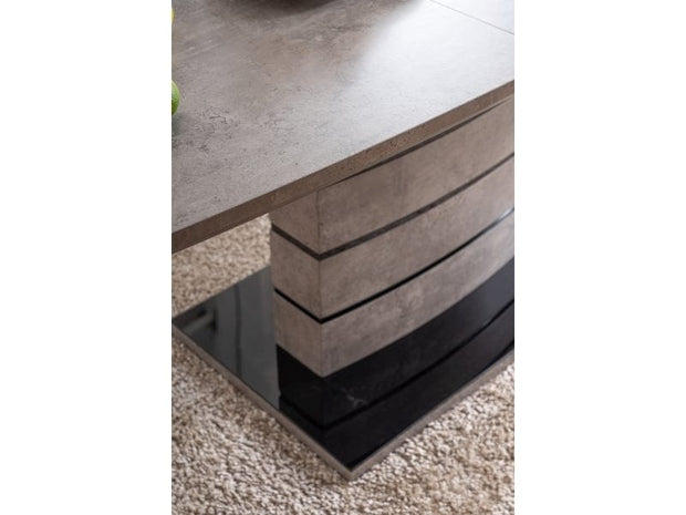 Signal Set masa extensibila din MDF si sticla, Leonid Gri / Negru + 4 Scaune tapitate cu stofa si picioare metalice, Chase Velvet Mustariu / Negru, L140-180xl80xH76 cm