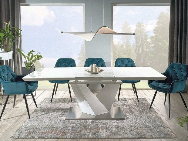 Signal Set masa extensibila din MDF, sticla si metal, Alric III Varnish Alb + 6 Scaune tapitate cu stofa si picioare metalice, Clyde Velvet Turcoaz / Negru, L160-220xl90xH75 cm