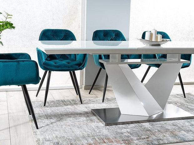 Signal Set masa extensibila din MDF, sticla si metal, Alric III Varnish Alb + 6 Scaune tapitate cu stofa si picioare metalice, Clyde Velvet Turcoaz / Negru, L160-220xl90xH75 cm