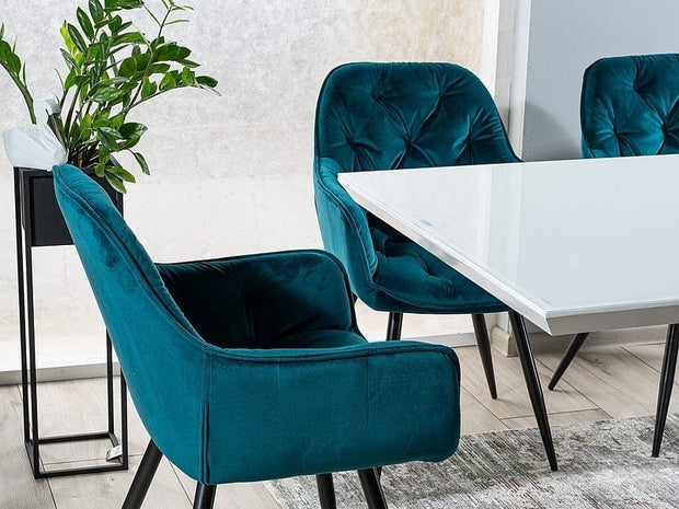 Signal Set masa extensibila din MDF, sticla si metal, Alric III Varnish Alb + 6 Scaune tapitate cu stofa si picioare metalice, Clyde Velvet Turcoaz / Negru, L160-220xl90xH75 cm