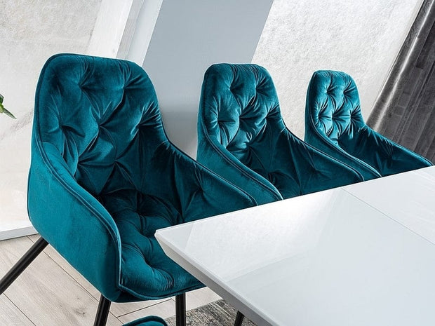 Signal Set masa extensibila din MDF, sticla si metal, Alric III Varnish Alb + 6 Scaune tapitate cu stofa si picioare metalice, Clyde Velvet Turcoaz / Negru, L160-220xl90xH75 cm