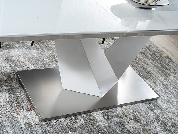 Signal Set masa extensibila din MDF, sticla si metal, Alric III Varnish Alb + 6 Scaune tapitate cu stofa si picioare metalice, Clyde Velvet Turcoaz / Negru, L160-220xl90xH75 cm