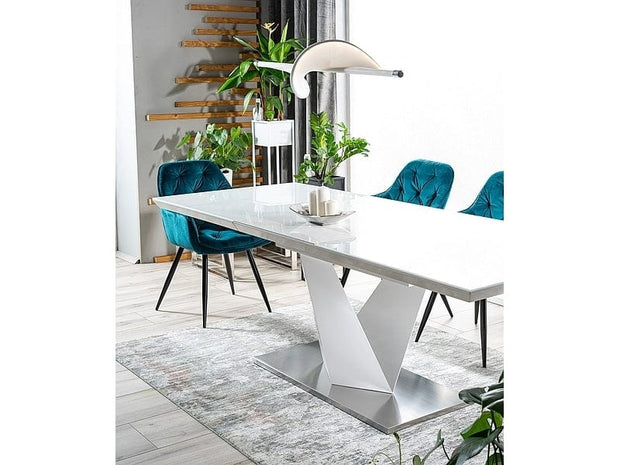 Signal Set masa extensibila din MDF, sticla si metal, Alric III Varnish Alb + 6 Scaune tapitate cu stofa si picioare metalice, Clyde Velvet Turcoaz / Negru, L160-220xl90xH75 cm