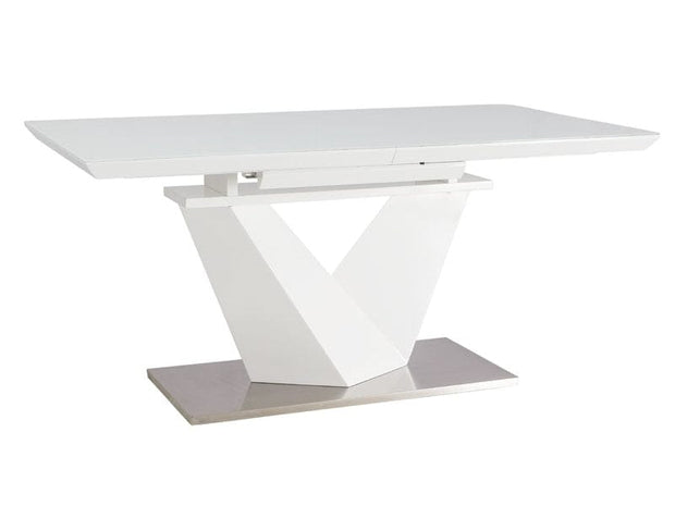 Signal Set masa extensibila din MDF, sticla si metal, Alric III Varnish Alb + 6 Scaune tapitate cu stofa si picioare metalice, Clyde Velvet Turcoaz / Negru, L160-220xl90xH75 cm