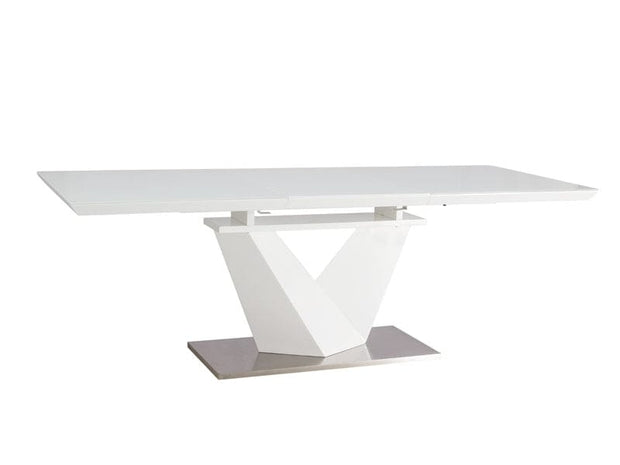Signal Set masa extensibila din MDF, sticla si metal, Alric III Varnish Alb + 6 Scaune tapitate cu stofa si picioare metalice, Clyde Velvet Turcoaz / Negru, L160-220xl90xH75 cm