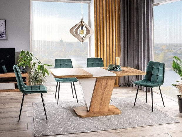 Signal Set masa extensibila din pal, Crosby Stejar Wotan / Alb + 4 Scaune tapitate cu stofa si picioare metalice, Miley Velvet Verde Inchis / Negru, L120-160xl80xH76 cm