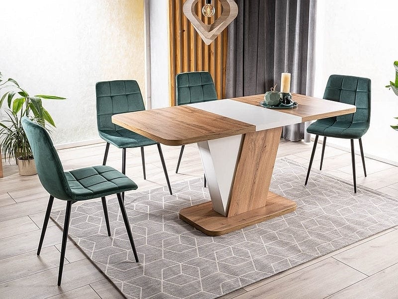 Signal Set masa extensibila din pal, Crosby Stejar Wotan / Alb + 4 Scaune tapitate cu stofa si picioare metalice, Miley Velvet Verde Inchis / Negru, L120-160xl80xH76 cm