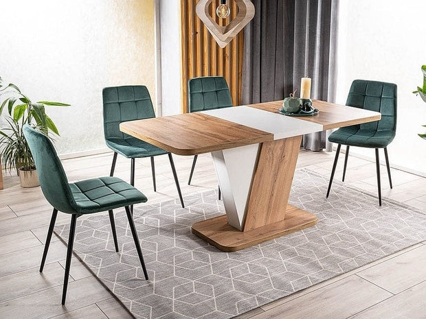Signal Set masa extensibila din pal, Crosby Stejar Wotan / Alb + 4 Scaune tapitate cu stofa si picioare metalice, Miley Velvet Verde Inchis / Negru, L120-160xl80xH76 cm