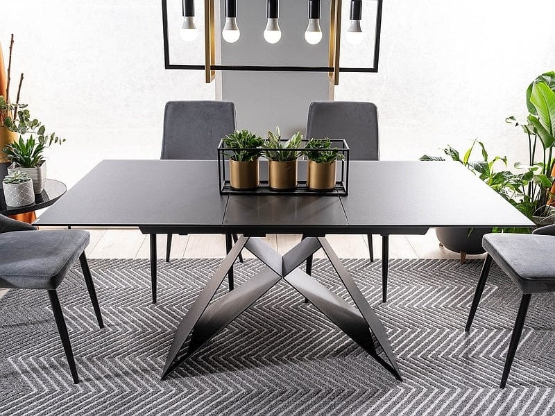 Signal Set masa extensibila din sticla si metal, Wesley SG Negru Mat + 4 Scaune tapitate cu stofa si picioare metalice, Pirro B Velvet Gri / Negru, L120-160xl80xH76 cm