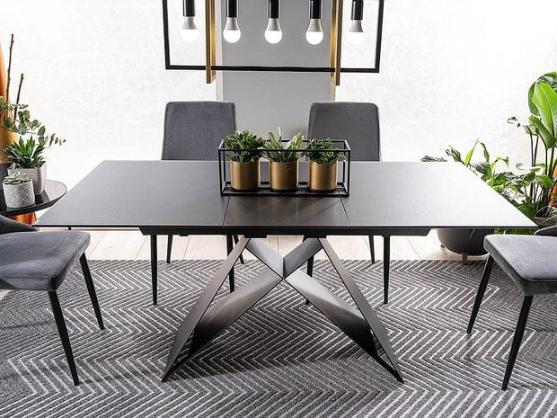Signal Set masa extensibila din sticla si metal, Wesley SG Negru Mat + 4 Scaune tapitate cu stofa si picioare metalice, Pirro B Velvet Gri / Negru, L120-160xl80xH76 cm