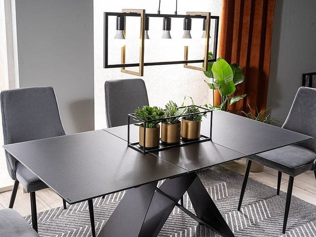Signal Set masa extensibila din sticla si metal, Wesley SG Negru Mat + 4 Scaune tapitate cu stofa si picioare metalice, Pirro B Velvet Gri / Negru, L120-160xl80xH76 cm