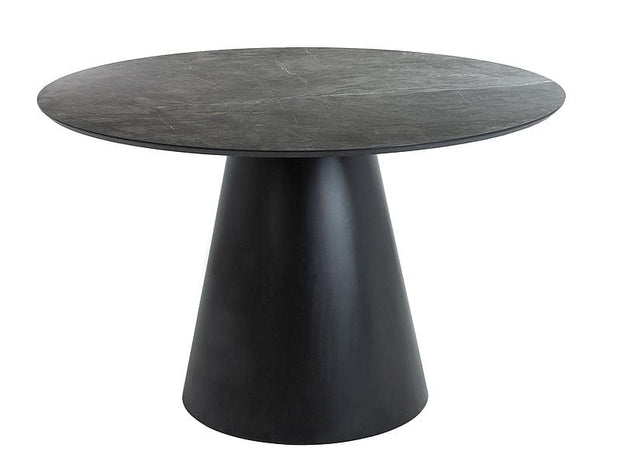 Signal Set masa rotunda din MDF, Angelie Gri Inchis / Negru + 4 Scaune tapitate cu stofa si picioare metalice, Nurrin Velvet Mustariu / Negru, Ø120xH76 cm