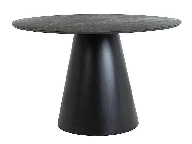Signal Set masa rotunda din MDF, Angelie Gri Inchis / Negru + 4 Scaune tapitate cu stofa si picioare metalice, Nurrin Velvet Mustariu / Negru, Ø120xH76 cm