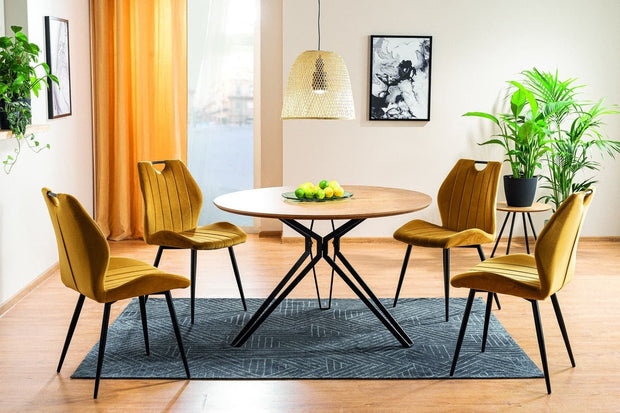 Signal Set masa rotunda din MDF, furnir si metal, Colson Stejar / Negru + 4 Scaune tapitate cu stofa si picioare metalice, Arben Velvet Mustariu / Negru, Ø120xH76 cm
