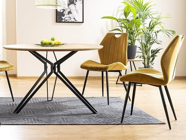 Signal Set masa rotunda din MDF, furnir si metal, Colson Stejar / Negru + 4 Scaune tapitate cu stofa si picioare metalice, Arben Velvet Mustariu / Negru, Ø120xH76 cm