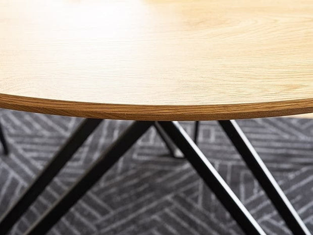 Signal Set masa rotunda din MDF, furnir si metal, Colson Stejar / Negru + 4 Scaune tapitate cu stofa si picioare metalice, Arben Velvet Mustariu / Negru, Ø120xH76 cm