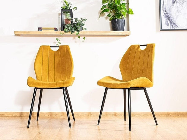 Signal Set masa rotunda din MDF, furnir si metal, Colson Stejar / Negru + 4 Scaune tapitate cu stofa si picioare metalice, Arben Velvet Mustariu / Negru, Ø120xH76 cm