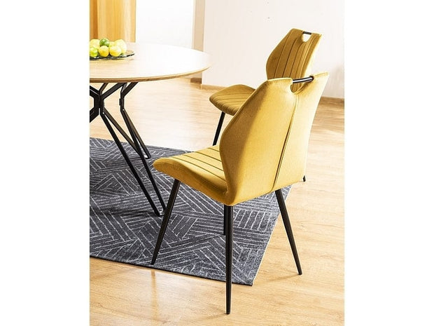Signal Set masa rotunda din MDF, furnir si metal, Colson Stejar / Negru + 4 Scaune tapitate cu stofa si picioare metalice, Arben Velvet Mustariu / Negru, Ø120xH76 cm