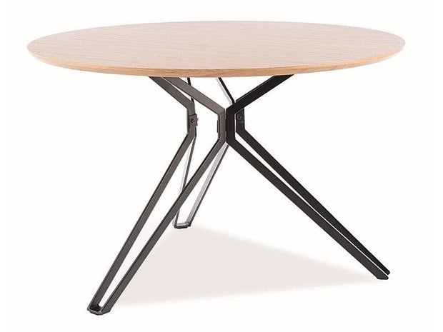 Signal Set masa rotunda din MDF, furnir si metal, Colson Stejar / Negru + 4 Scaune tapitate cu stofa si picioare metalice, Arben Velvet Mustariu / Negru, Ø120xH76 cm