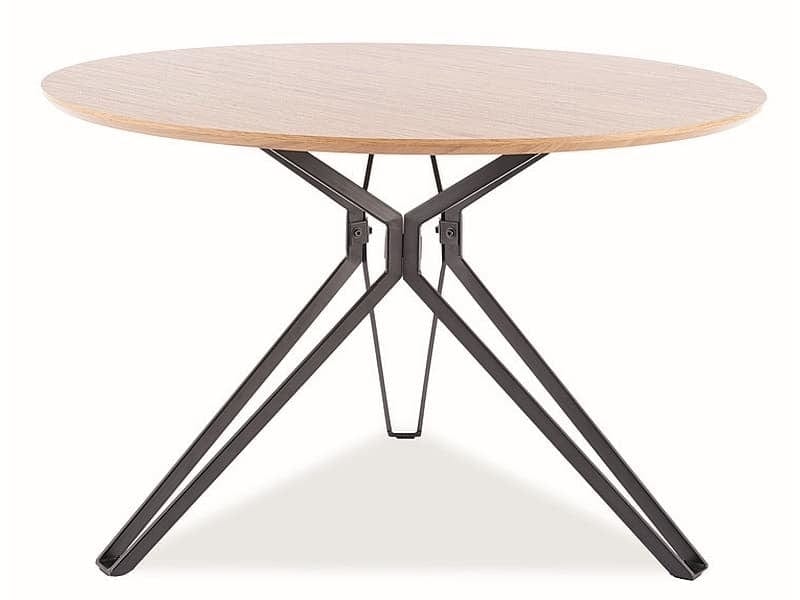 Signal Set masa rotunda din MDF, furnir si metal, Colson Stejar / Negru + 4 Scaune tapitate cu stofa si picioare metalice, Arben Velvet Mustariu / Negru, Ø120xH76 cm