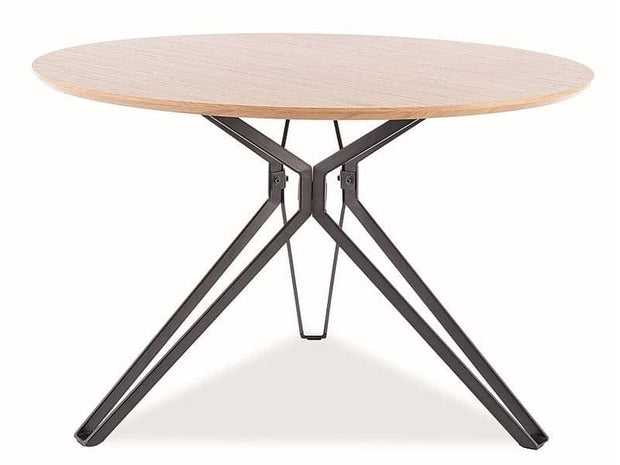 Signal Set masa rotunda din MDF, furnir si metal, Colson Stejar / Negru + 4 Scaune tapitate cu stofa si picioare metalice, Arben Velvet Mustariu / Negru, Ø120xH76 cm