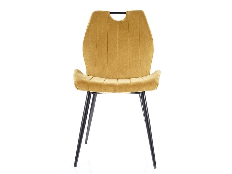 Signal Set masa rotunda din MDF, furnir si metal, Colson Stejar / Negru + 4 Scaune tapitate cu stofa si picioare metalice, Arben Velvet Mustariu / Negru, Ø120xH76 cm