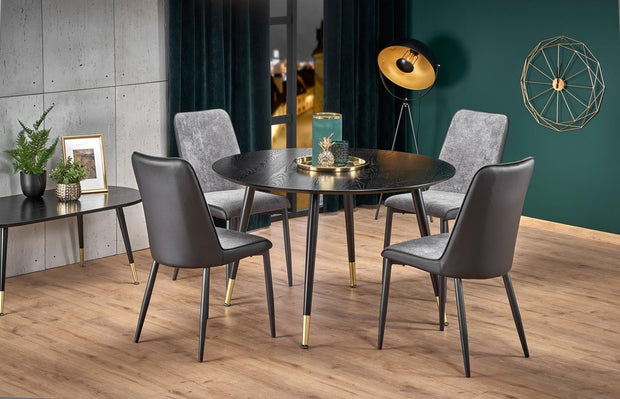 Halmar Set masa rotunda din MDF si metal Ember Negru / Auriu + 4 scaune tapitate cu stofa si piele ecologica Kai-368 Gri inchis / Negru, Ø120xH75 cm