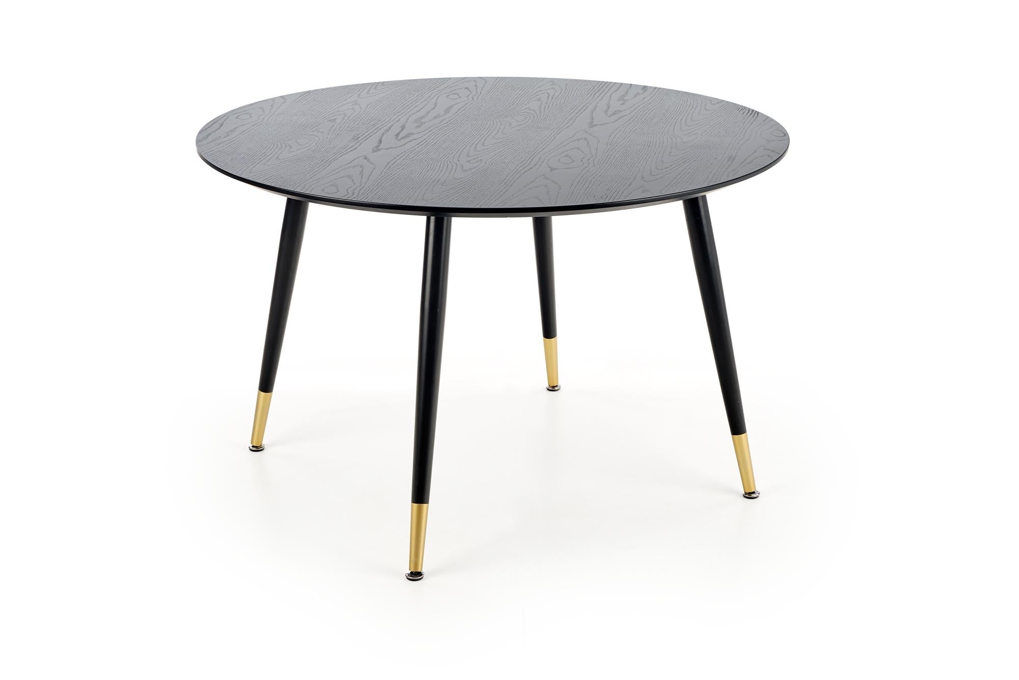 Halmar Set masa rotunda din MDF si metal Ember Negru / Auriu + 4 scaune tapitate cu stofa si piele ecologica Kai-368 Gri inchis / Negru, Ø120xH75 cm