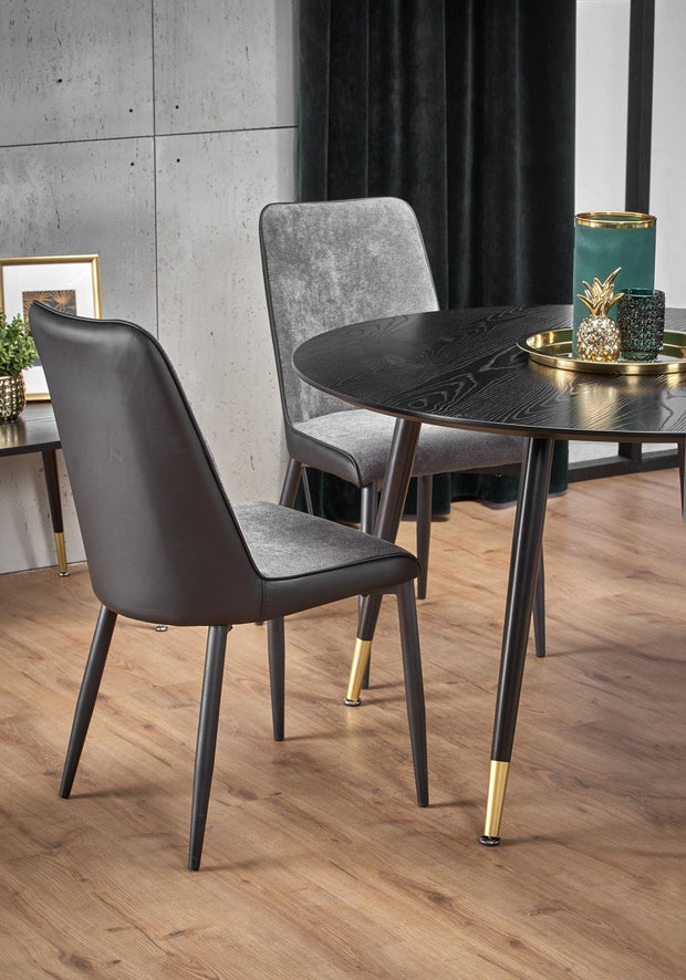 Halmar Set masa rotunda din MDF si metal Ember Negru / Auriu + 4 scaune tapitate cu stofa si piele ecologica Kai-368 Gri inchis / Negru, Ø120xH75 cm