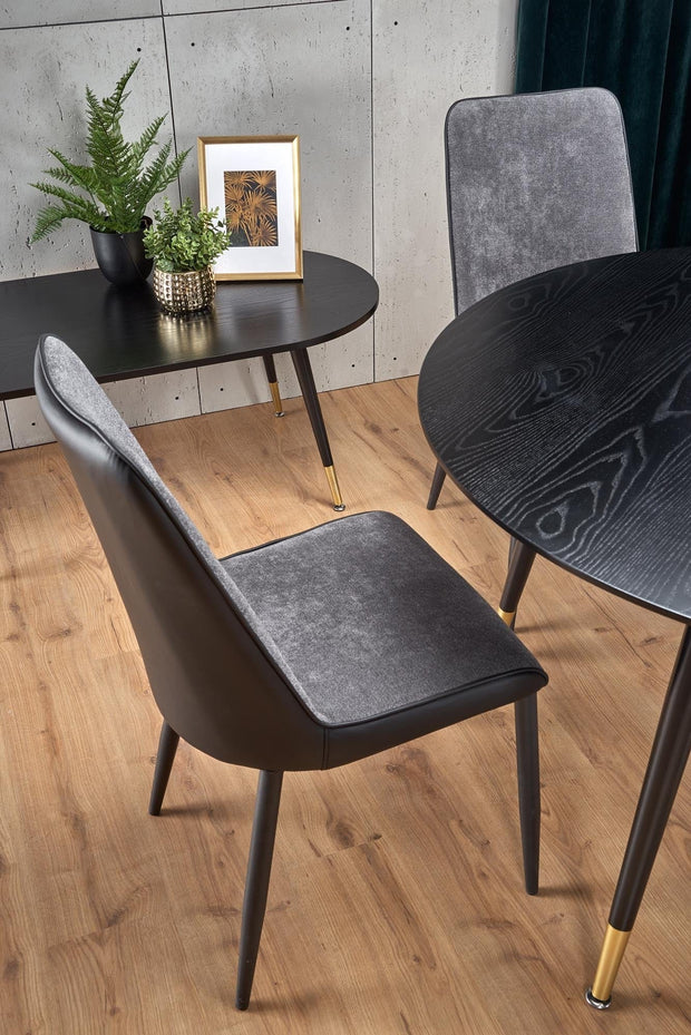 Halmar Set masa rotunda din MDF si metal Ember Negru / Auriu + 4 scaune tapitate cu stofa si piele ecologica Kai-368 Gri inchis / Negru, Ø120xH75 cm