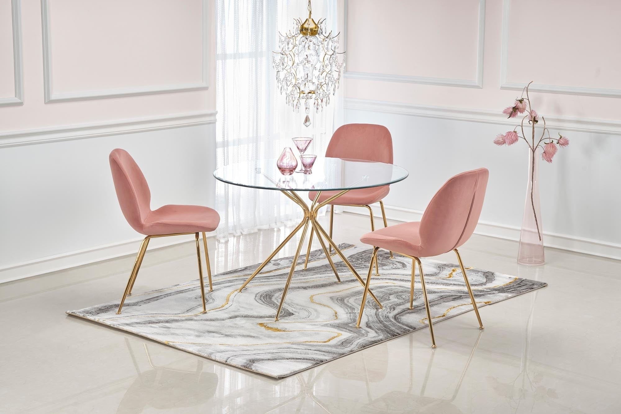 Halmar Set masa rotunda din sticla si metal Rodney Transparent / Auriu + 4 scaune tapitate cu stofa Kai-381 Velvet Roz / Auriu, Ø110xH74 cm