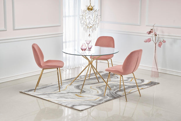 Halmar Set masa rotunda din sticla si metal Rodney Transparent / Auriu + 4 scaune tapitate cu stofa Kai-381 Velvet Roz / Auriu, Ø110xH74 cm