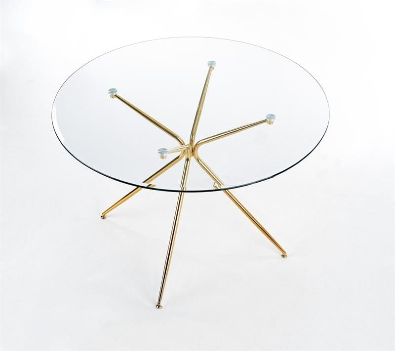 Halmar Set masa rotunda din sticla si metal Rodney Transparent / Auriu + 4 scaune tapitate cu stofa Kai-381 Velvet Roz / Auriu, Ø110xH74 cm
