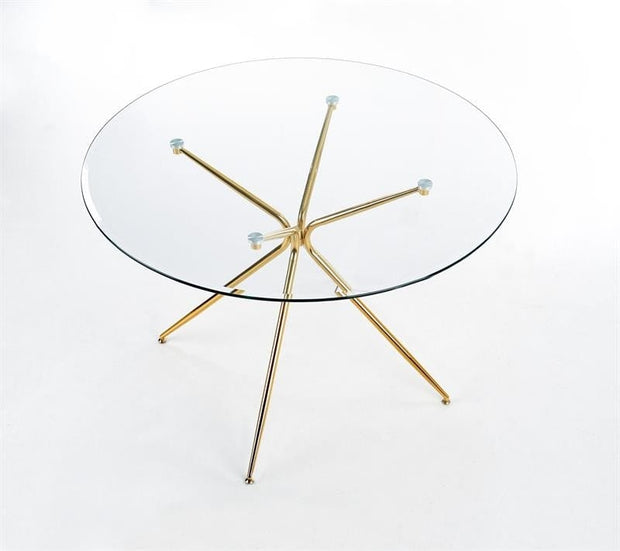 Halmar Set masa rotunda din sticla si metal Rodney Transparent / Auriu + 4 scaune tapitate cu stofa Kai-381 Velvet Roz / Auriu, Ø110xH74 cm