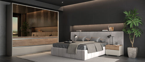 Set mobili per camera da letto in legno chiaro e MDF, con letto 200 x 160 cm, 6 pezzi, Invictus P66-6OG/IC Grigio/Crema/Rovere tabacco