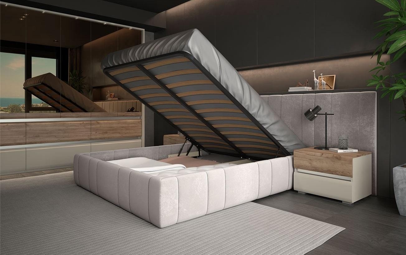 Set mobili per camera da letto in legno chiaro e MDF, con letto 200 x 160 cm, 6 pezzi, Invictus P66-6OG/IC Grigio/Crema/Rovere tabacco (2)