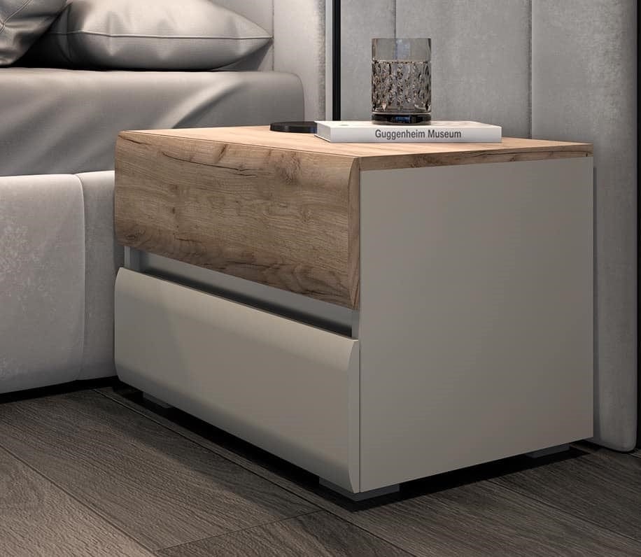 Set mobili per camera da letto in legno chiaro e MDF, con letto 200 x 160 cm, 6 pezzi, Invictus P66-6OG/IC Grigio/Crema/Rovere tabacco (4)