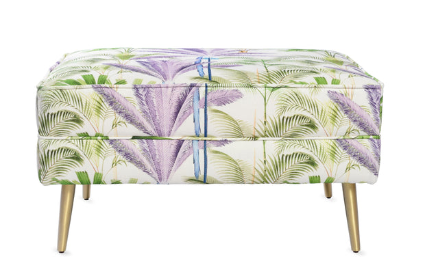 Sgabello imbottito in tessuto con gambe in metallo Palmeras Verde / Viola, l72xL38xH51 cm