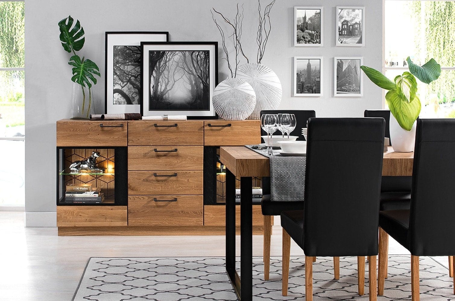 Tavolo allungabile in legno, impiallacciato e metallo Mosaic 40 Oak / Black, L160-220xl90xH78 cm (2)